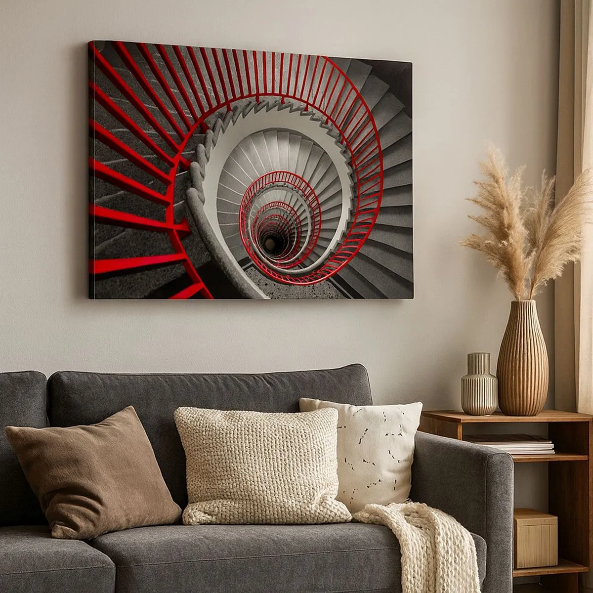Schilderen op canvas - Wenteltrap met rode leuningen in een dynamisch perspectief - 70x50cm - Architectuur plezier - Moderne wanddecoratie voor woonkamer en slaapkamer ARTTOR