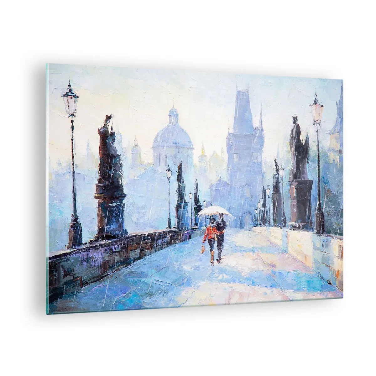 Schilderen op glas - Met een paraplu over een historische brug lopen op een regenachtige dag - 70x50cm - De regen moet ons gecharmeerd hebben - Moderne wanddecoratie voor woonkamer en slaapkamer ARTTOR