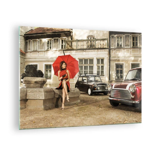 Schilderen op glas - Vrouw met rode paraplu en klassieke auto's - 70x50cm - Een sentimentele mini-reis - Moderne wanddecoratie voor woonkamer en slaapkamer ARTTOR