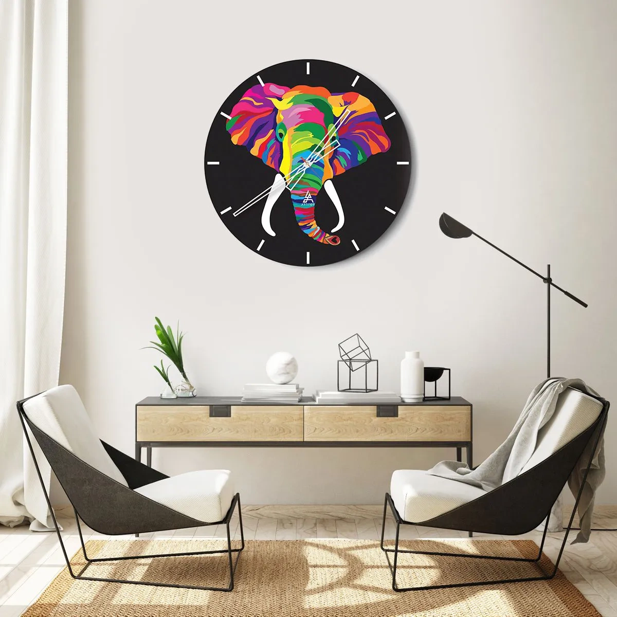 Wandklok - Klok - De olifant die ervan hield om in de regenboog te baden - 30x30 cm