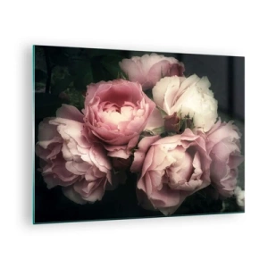 Schilderen op glas - Een boeket roze rozen in zacht licht met een vintage tintje - 70x50cm - De charme van belle epoque - Moderne wanddecoratie voor woonkamer en slaapkamer ARTTOR