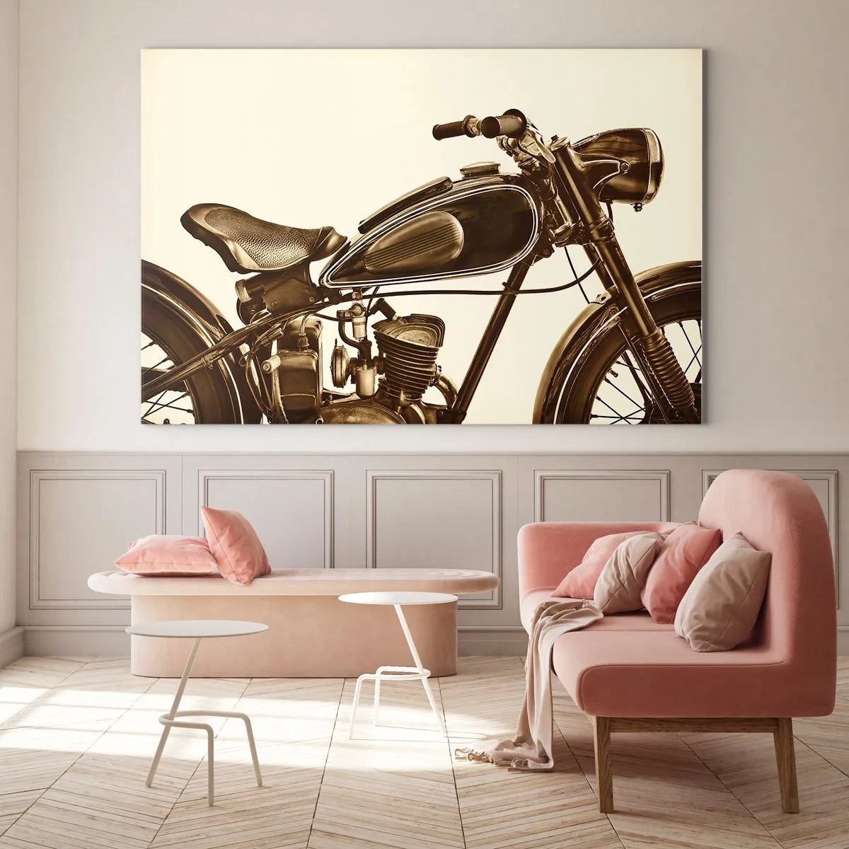 Schilderen op glas - Stijlvolle retro motorfiets in sepia tinten op een lichte achtergrond - 70x50cm - Verlangen naar de klassiekers - Moderne wanddecoratie voor woonkamer en slaapkamer ARTTOR
