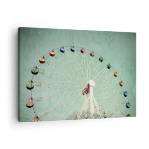 Schilderen op canvas - Een kleurrijk reuzenrad tegen een blauwe lucht in retrostijl - 70x50cm - Wij nodigen u uit om plezier te hebben - Moderne wanddecoratie voor woonkamer en slaapkamer ARTTOR