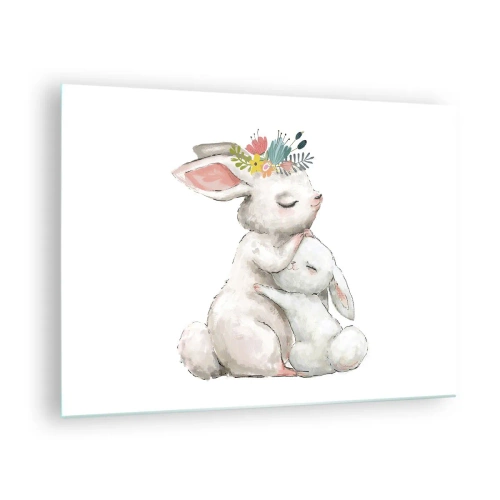 Schilderen op glas - Twee knuffelige konijnen in pastelkleuren - 70x50cm - Het is het beste met mama - Moderne wanddecoratie voor woonkamer en slaapkamer ARTTOR