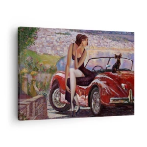 Schilderen op canvas - Een vrouw bij een rode auto met een stad op de achtergrond - 70x50cm - Zomer? Alleen aan de Rivièra - Moderne wanddecoratie voor woonkamer en slaapkamer ARTTOR