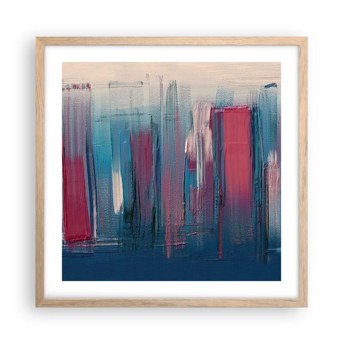 Een poster in een licht eiken lijst - Verticale compositie in blauw en rood - 50x50 cm