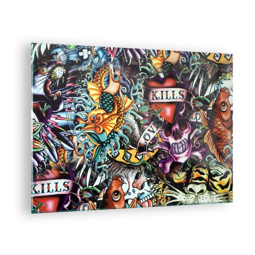 Schilderen op glas - Een kleurrijke compositie van patronen geïnspireerd op tatoeagekunst - 70x50cm - De droom van de tatoeëerder - Moderne wanddecoratie voor woonkamer en slaapkamer ARTTOR