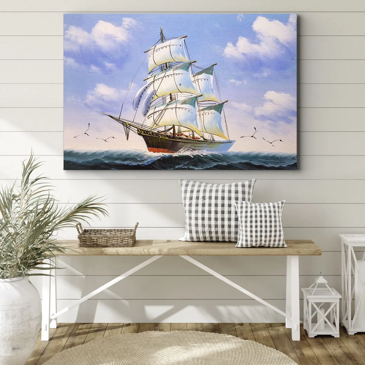 Schilderen op canvas - Een zeilschip op open zee onder een blauwe lucht - 70x50cm - Trots met de wind - Moderne wanddecoratie voor woonkamer en slaapkamer ARTTOR