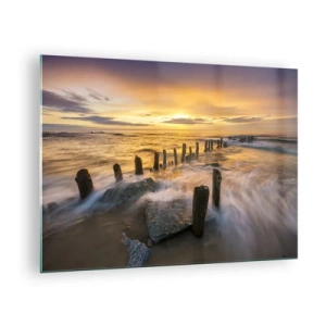 Schilderen op glas - Zonsondergang boven de zee met houten palen op het strand - 70x50cm - De rauwe schoonheid van de Oostzee - Moderne wanddecoratie voor woonkamer en slaapkamer ARTTOR