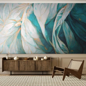Fotobehang Premium Sand - Blauwe abstractie met een gouden motief - Deel, Art-deco, Subtiel - 400x280 cm