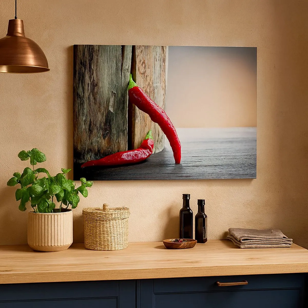 Schilderen op canvas - Twee rode chilipepers op een houten achtergrond met een rustiek accent - 70x50cm - Red hot chili peppers - Moderne wanddecoratie voor woonkamer en slaapkamer ARTTOR