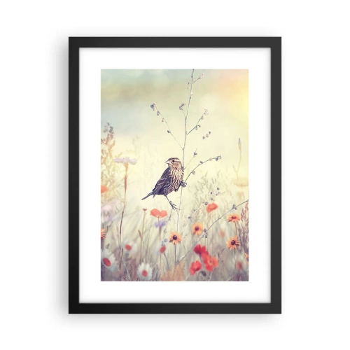 Poster in een zwarte lijst - Vogelportret met een weiland op de achtergrond - 30x40 cm
