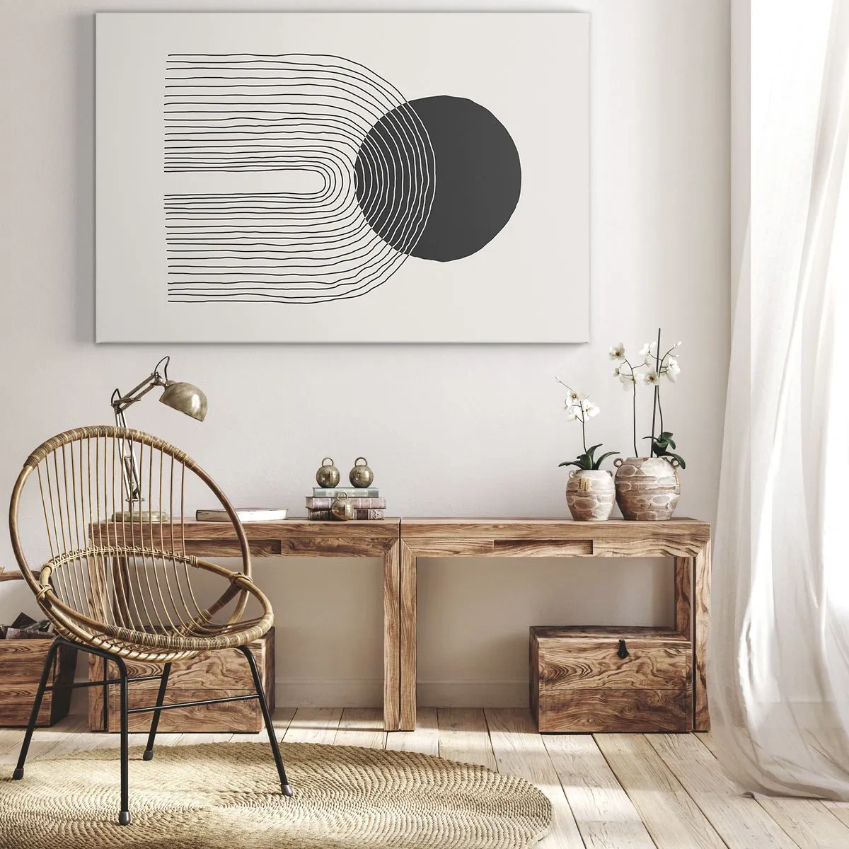 Schilderen op canvas - Abstract patroon met lijnen en een zwarte cirkel op een lichte achtergrond - 70x50cm - Bibberen en vertrouwen - Moderne wanddecoratie voor woonkamer en slaapkamer ARTTOR