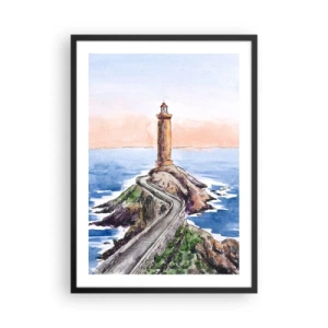 Poster in een zwarte lijst - Aquarelillustratie van een vuurtoren op een rotsachtige kust - 50x70cm - Kijkend naar de zee - Moderne wanddecoratie voor woonkamer en slaapkamer ARTTOR
