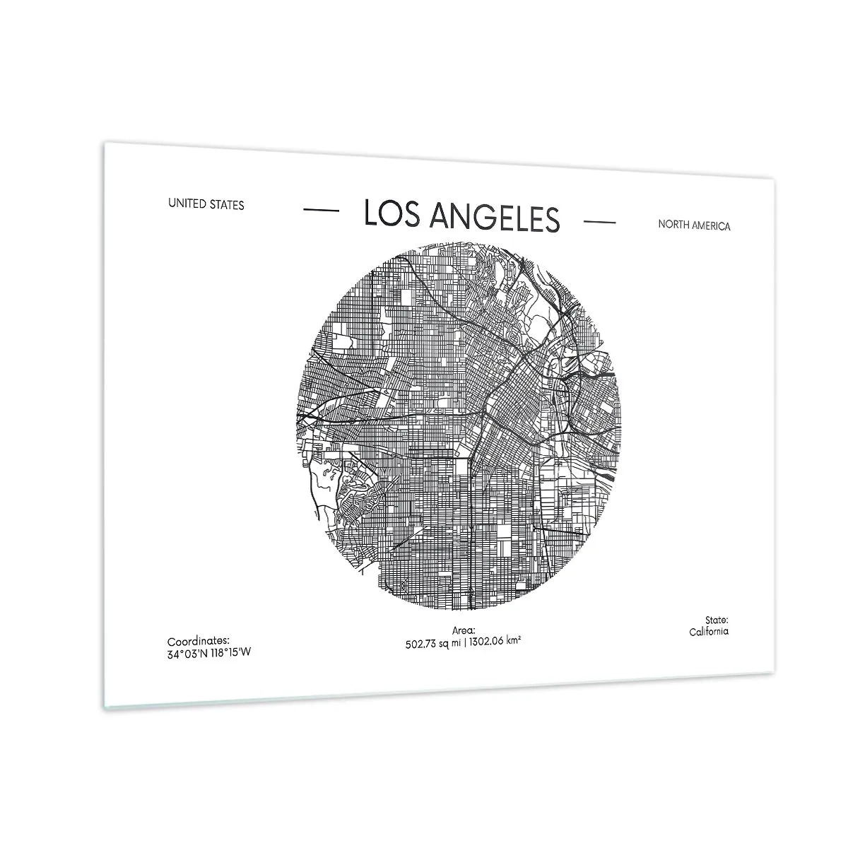 Schilderen op glas - Een minimalistische zwart-witkaart van Los Angeles. - 70x50cm - Anatomie van Los Angeles - Moderne wanddecoratie voor woonkamer en slaapkamer ARTTOR