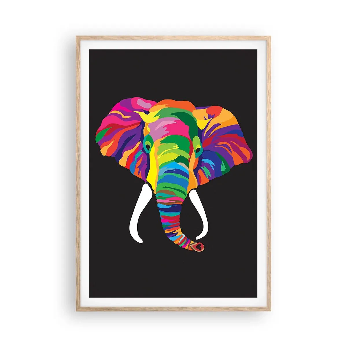 Een poster in een licht eiken lijst - De olifant die ervan hield om in de regenboog te baden - 70x100 cm