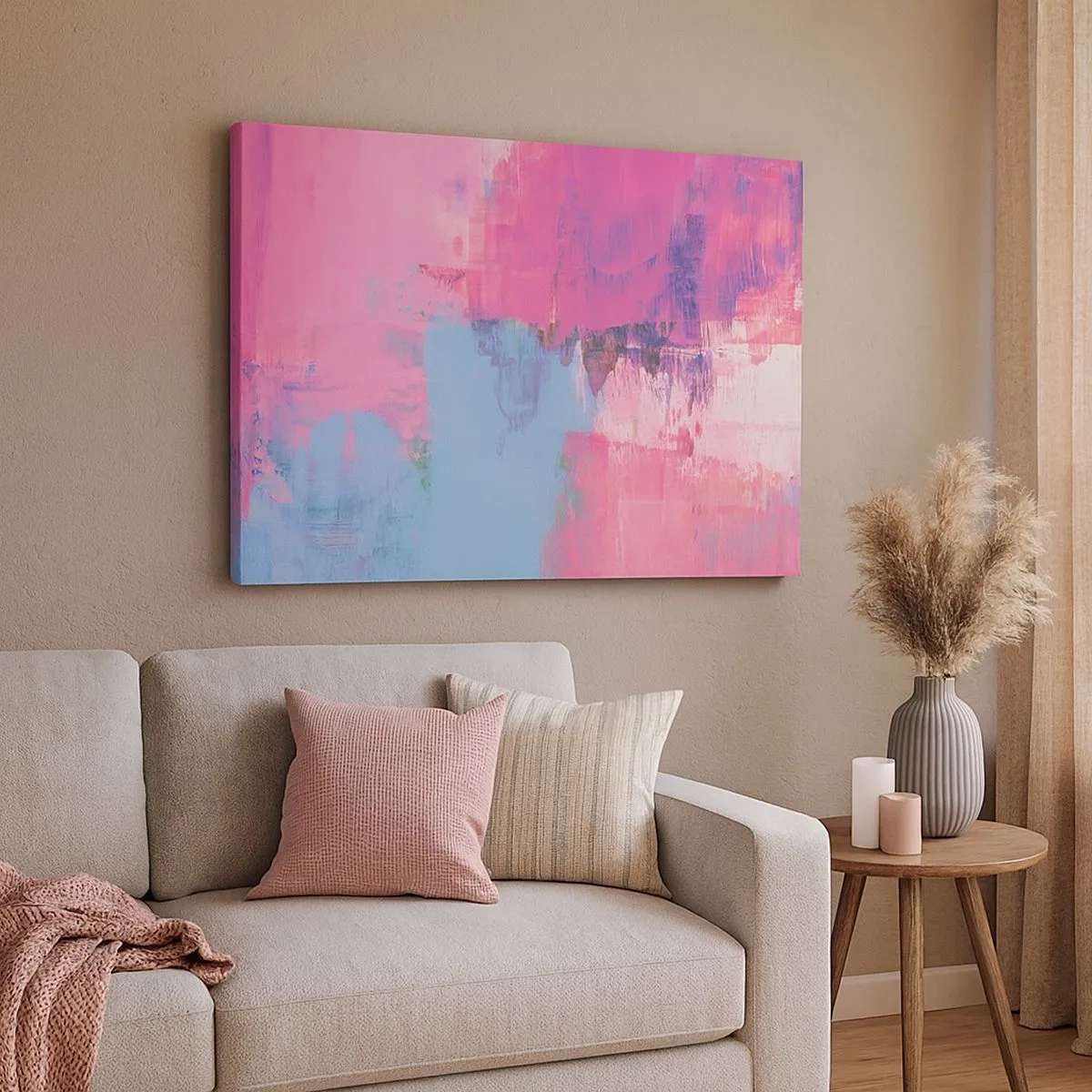 Schilderen op canvas - Abstracte compositie in roze en blauw - 70x50cm - Roze, blauw en een vleugje licht - Moderne wanddecoratie voor woonkamer en slaapkamer ARTTOR