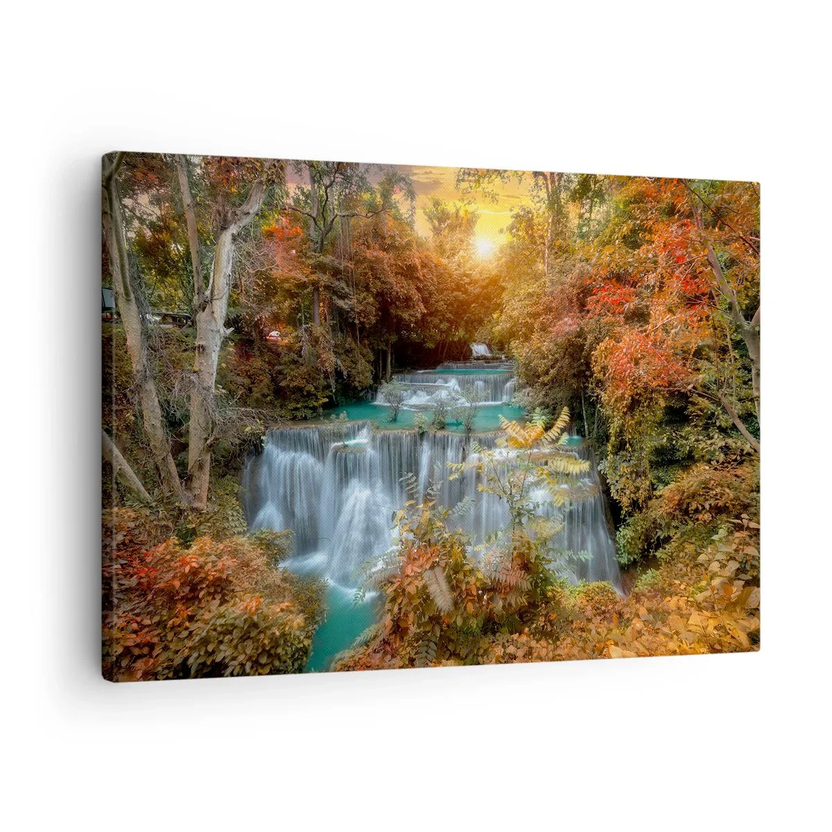 Schilderen op canvas - Herfstwaterval omringd door kleurrijke bomen in het zonlicht - 70x50cm - Verborgen schat van het bos - Moderne wanddecoratie voor woonkamer en slaapkamer ARTTOR
