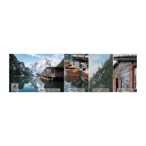 Fotobehang Monster Premium Sand - Een kristalheldere bergochtend - Berglandschap, Zon, Meer - 100x30 cm