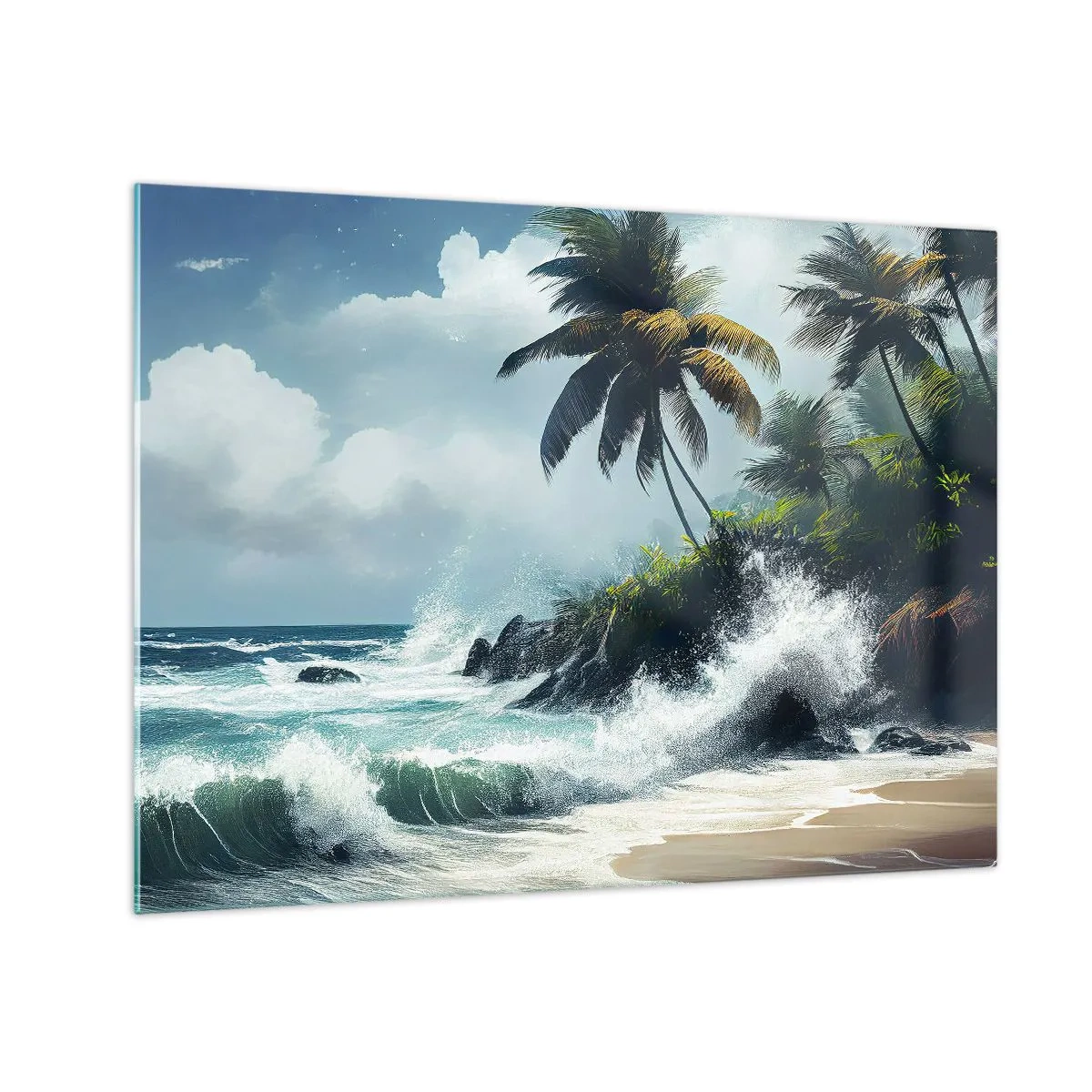 Schilderen op glas - Golven die tegen de rotsen bij de palmbomen op een tropisch strand beuken - 70x50cm - Op een tropische kust - Moderne wanddecoratie voor woonkamer en slaapkamer ARTTOR