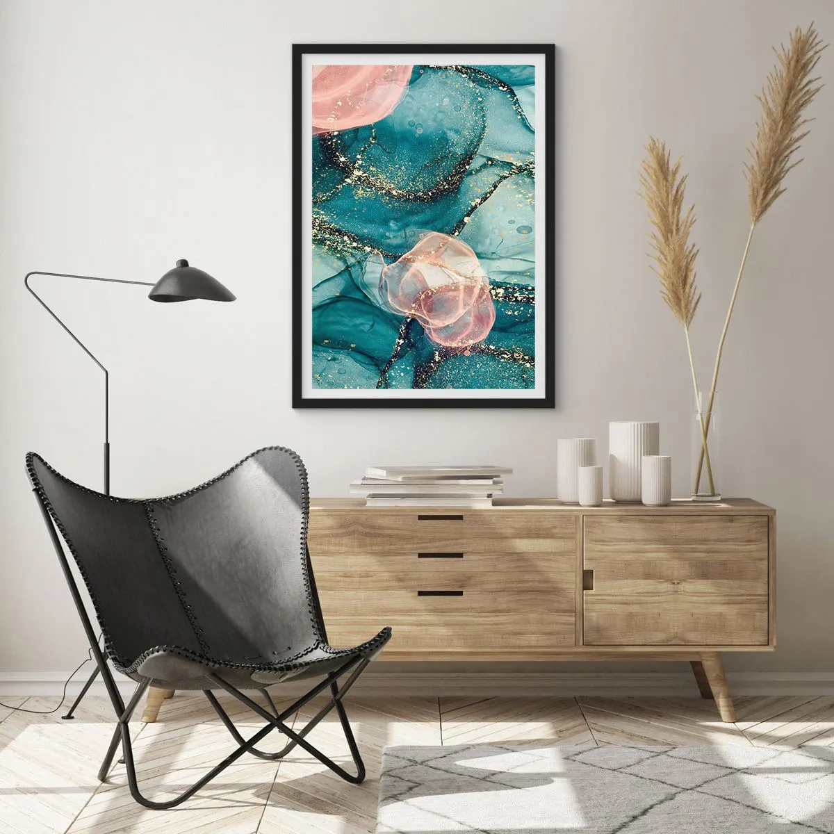 Poster in een zwarte lijst - Een abstracte compositie in tinten turquoise en goud. - 50x70cm - Zijdeblauw, tule roze - Moderne wanddecoratie voor woonkamer en slaapkamer ARTTOR