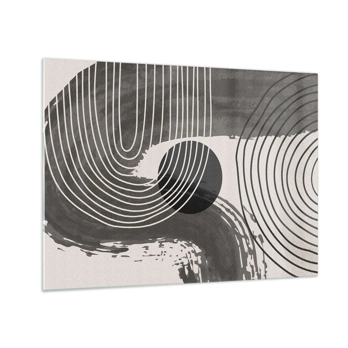 Schilderen op glas - Moderne abstractie met zwart-witte lijnen en een ovaal - 70x50cm - Het ovaal wint - Moderne wanddecoratie voor woonkamer en slaapkamer ARTTOR
