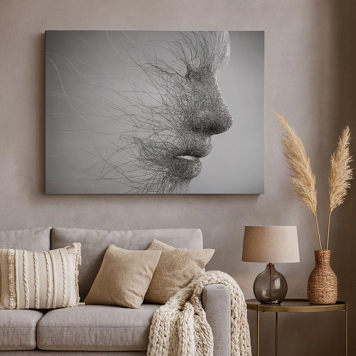 Schilderen op canvas - Artistiek gezichtsprofiel gecreëerd met delicate lijnen - 70x50cm - De geest van de wind - Moderne wanddecoratie voor woonkamer en slaapkamer ARTTOR