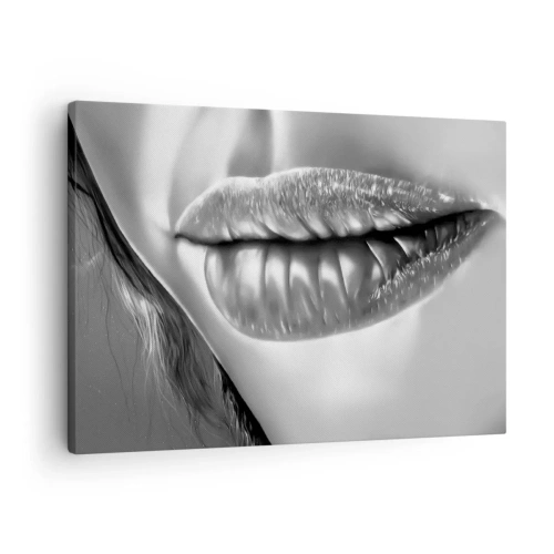 Schilderen op canvas - Zwart-witclose-up van de lippen van een vrouw met een glanzend effect en details. - 70x50cm - Ik weet waar je aan denkt... - Moderne wanddecoratie voor woonkamer en slaapkamer ARTTOR