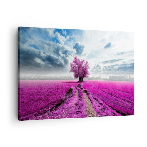 Schilderen op canvas - Een eenzame boom in een veld in een intens roze tint - 70x50cm - Heide - heilige plek - Moderne wanddecoratie voor woonkamer en slaapkamer ARTTOR