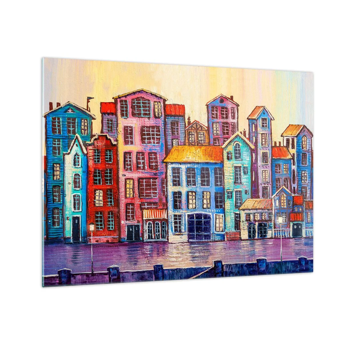 Schilderen op glas - Kleurrijke huurkazernes weerspiegeld in het water - 70x50cm - Een stad als uit een sprookje - Moderne wanddecoratie voor woonkamer en slaapkamer ARTTOR