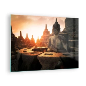 Schilderen op glas - Een Boeddhabeeld verlicht door de ondergaande zon in een oud tempelcomplex - 70x50cm - Weer van grote wijsheid - Moderne wanddecoratie voor woonkamer en slaapkamer ARTTOR