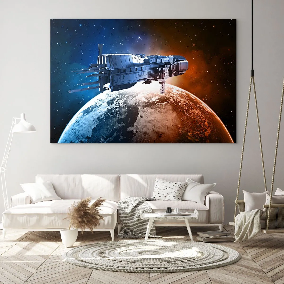 Schilderen op glas - Een ruimteschip dat in sterrenlicht om een planeet draait - 70x50cm - Een zorgvuldige waarnemer - Moderne wanddecoratie voor woonkamer en slaapkamer ARTTOR