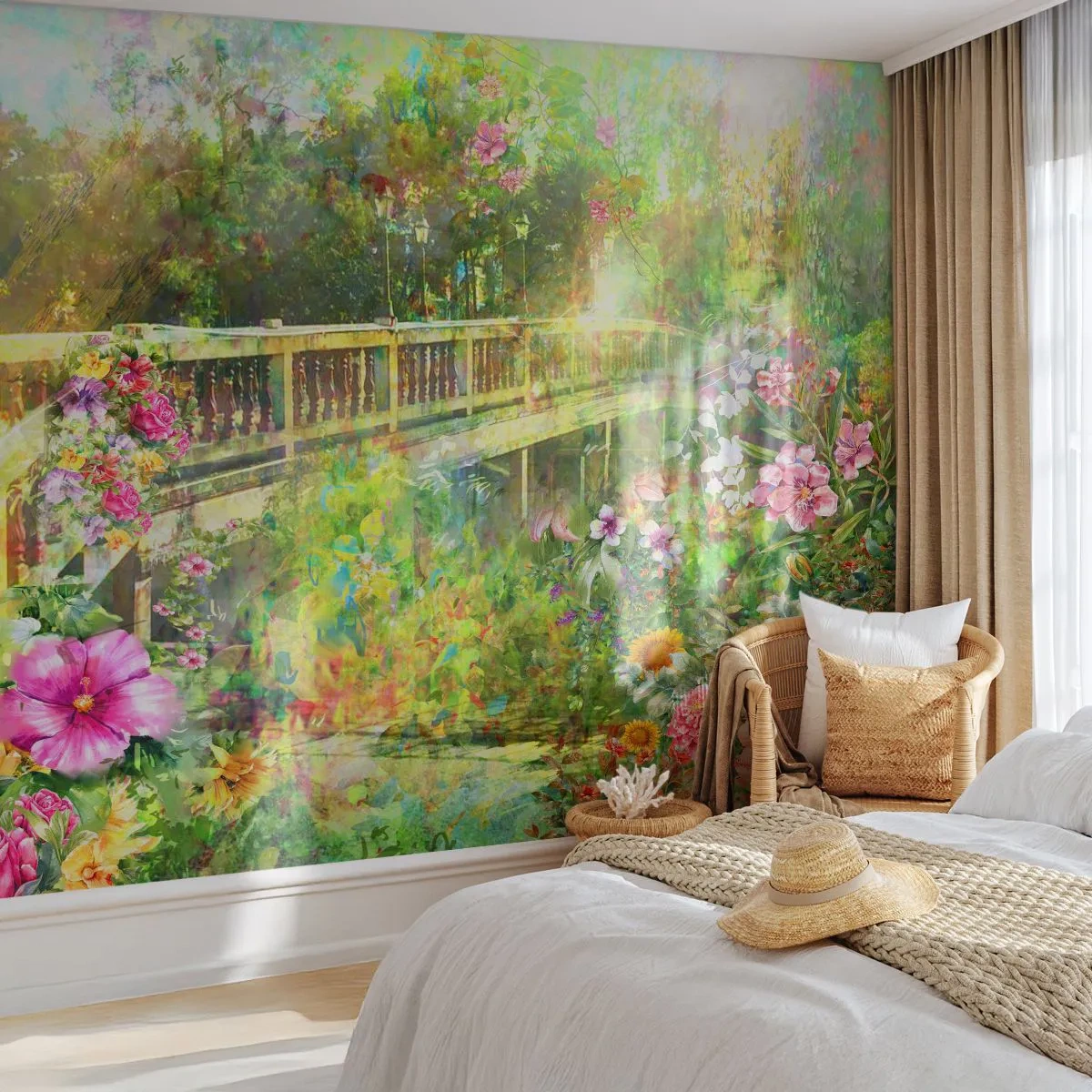Fotobehang Premium Canvas - Een brug van lentezuchten - Landschap, Bloemen, Tuin - 250x175 cm