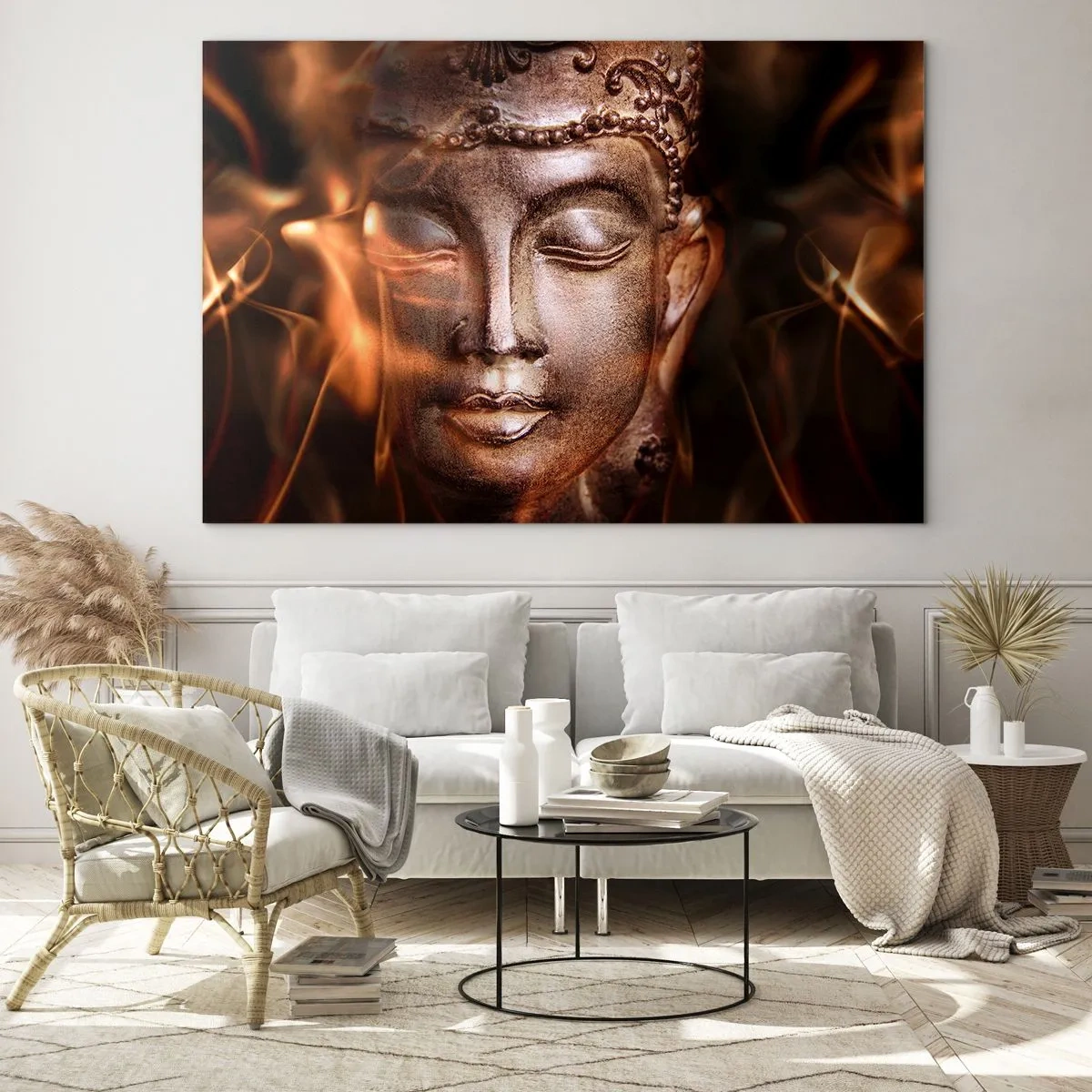 Schilderen op glas - Het wazige gezicht van de Boeddha in warme tinten goud en bruin - 70x50cm - Het bestaat alleen hier en nu - Moderne wanddecoratie voor woonkamer en slaapkamer ARTTOR