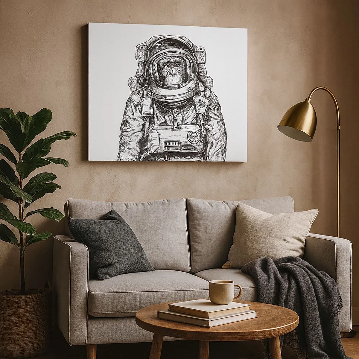 Schilderen op canvas - Afbeelding van een astronaut in een ruimtepak met een apenkop - 70x50cm - Alternatieve evolutie - Moderne wanddecoratie voor woonkamer en slaapkamer ARTTOR