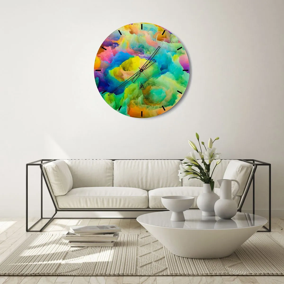 Wandklok - Klok - Abstracte, kleurrijke wolken in felle kleuren - 30x30cm - Regenboog dons - Moderne wanddecoratie voor woonkamer, keuken en slaapkamer ARTTOR