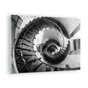 Schilderen op glas - Zwart-witfoto van een wenteltrap in perspectief - 70x50cm - Hoger en hoger - Moderne wanddecoratie voor woonkamer en slaapkamer ARTTOR