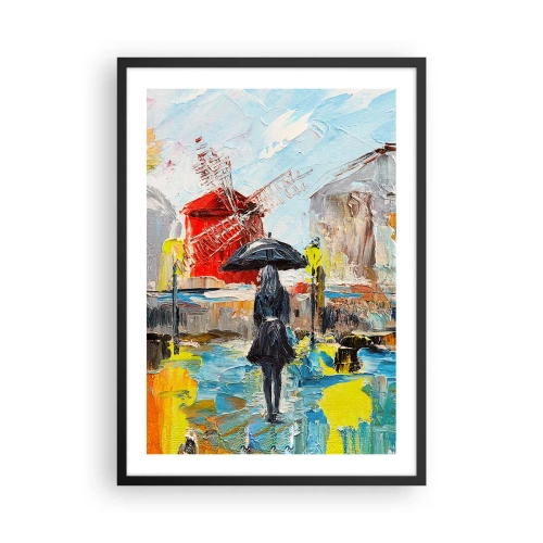 Poster in een zwarte lijst - Een vrouw met een paraplu tegen de achtergrond van een stad in de regen - 50x70cm - Parijse legendes - Moderne wanddecoratie voor woonkamer en slaapkamer ARTTOR