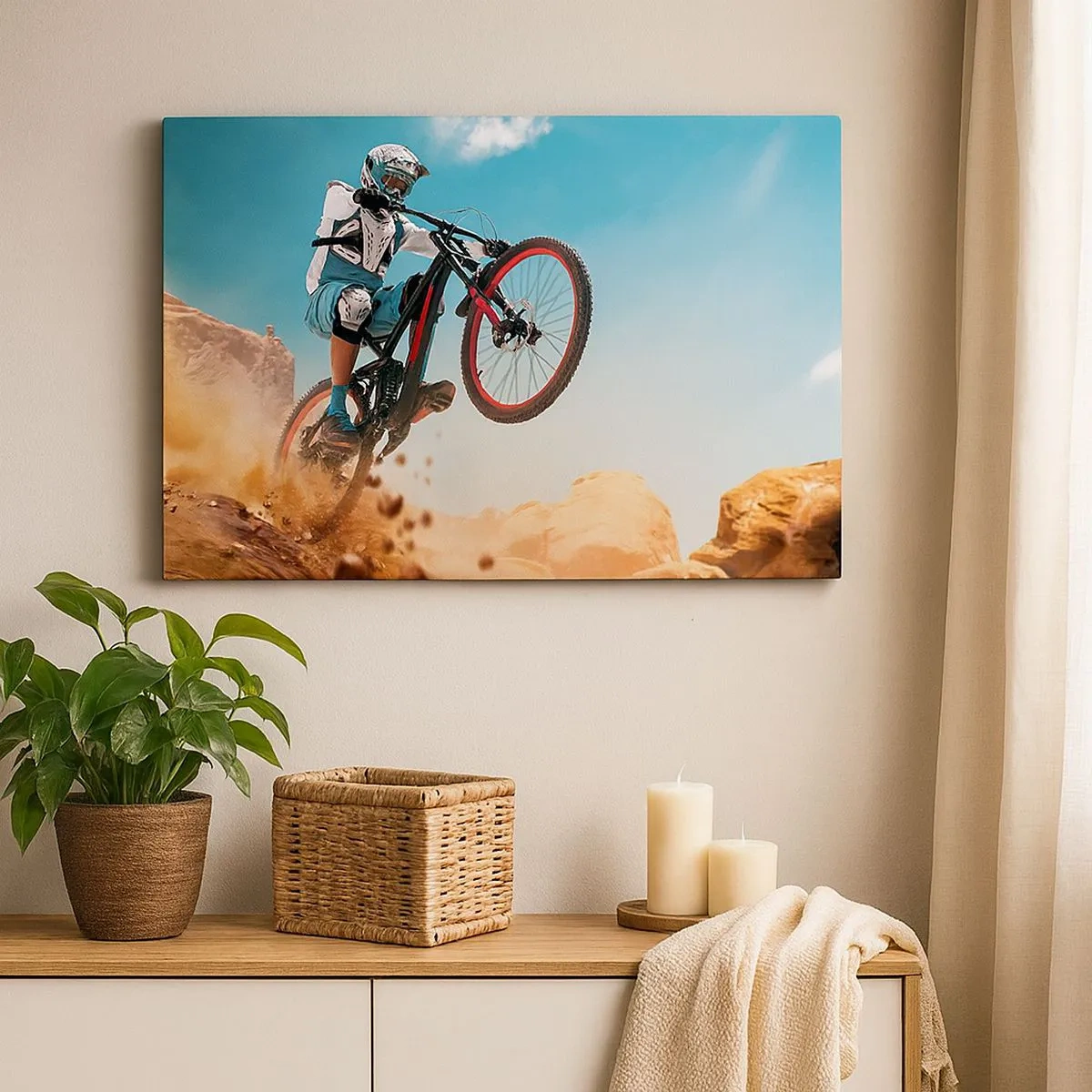 Schilderen op canvas - Een mountainbiker maakt een sprong tegen een achtergrond van rotsen - 70x50cm - Fiets waanzin demon - Moderne wanddecoratie voor woonkamer en slaapkamer ARTTOR