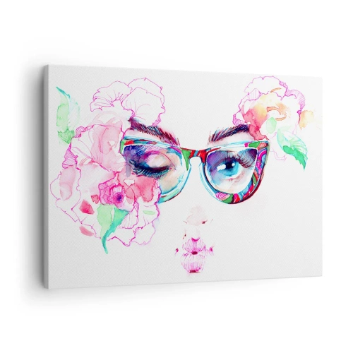 Schilderen op canvas - Aquarelgezicht met kleurrijke glazen en bloemen - 70x50cm - Een verleidelijke belofte - Moderne wanddecoratie voor woonkamer en slaapkamer ARTTOR