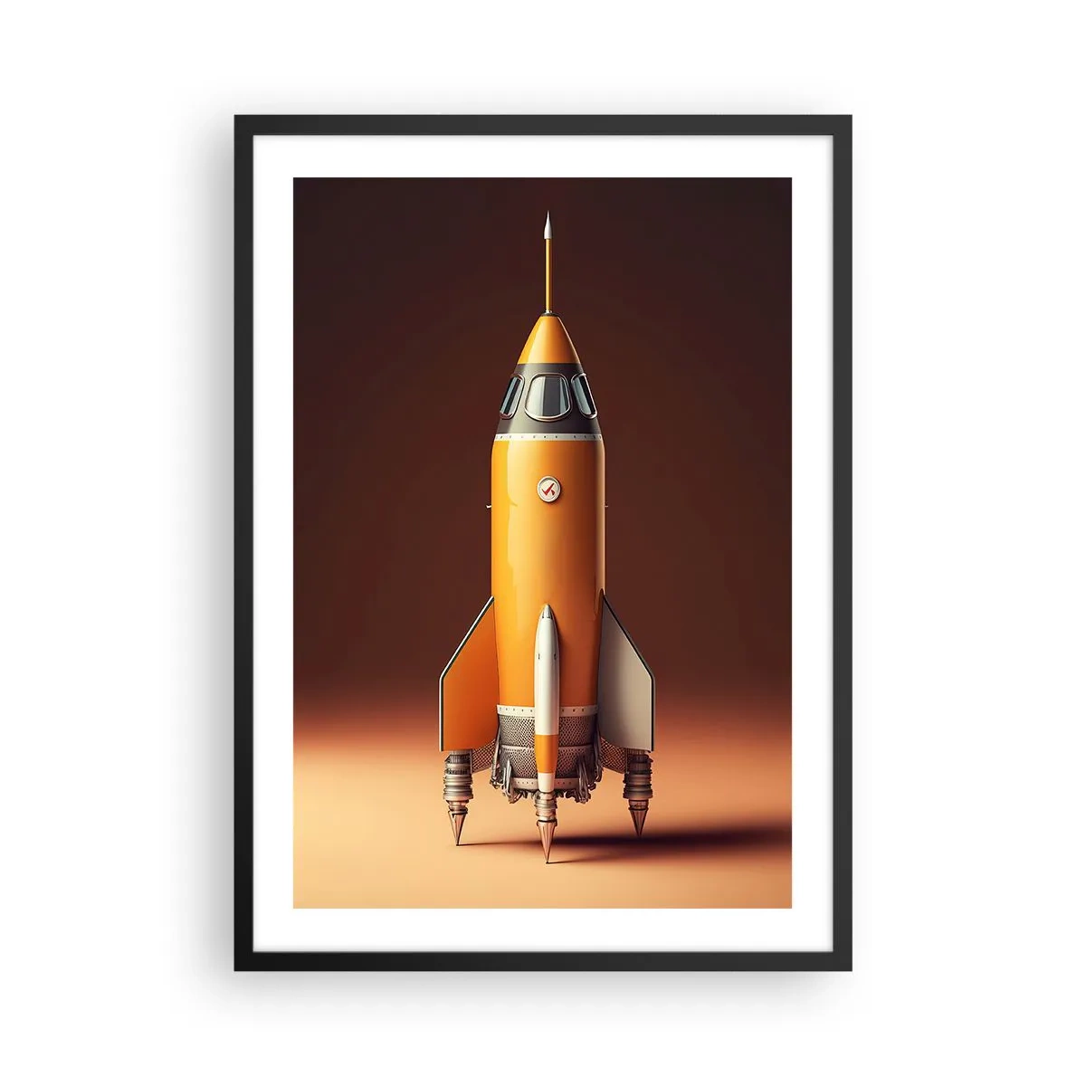 Poster in een zwarte lijst - Een moderne ruimteraket tegen een achtergrond van warme kleuren. - 50x70cm - Het begint met een droom - Moderne wanddecoratie voor woonkamer en slaapkamer ARTTOR