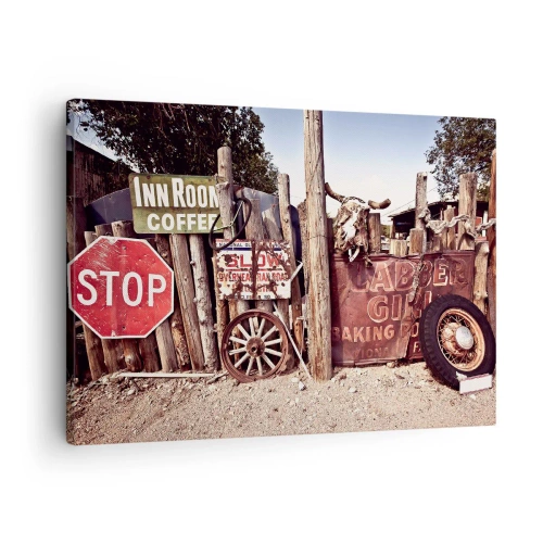 Schilderen op canvas - Rustieke decoraties met borden en een wiel aan het hek - 70x50cm - En de tijd is gestopt - Moderne wanddecoratie voor woonkamer en slaapkamer ARTTOR