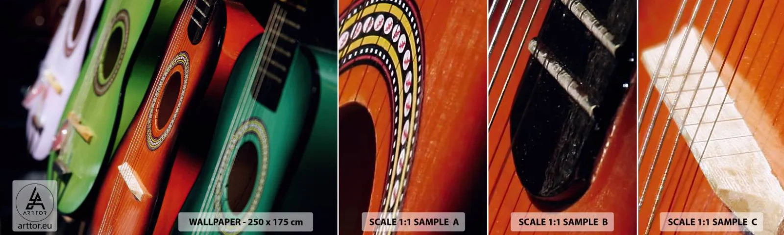 Fotobehang Staaltje Standard Eco - De gitaar heeft vele kleuren - Muziek, Gitaar, Een muziekinstrument - 100x30 cm