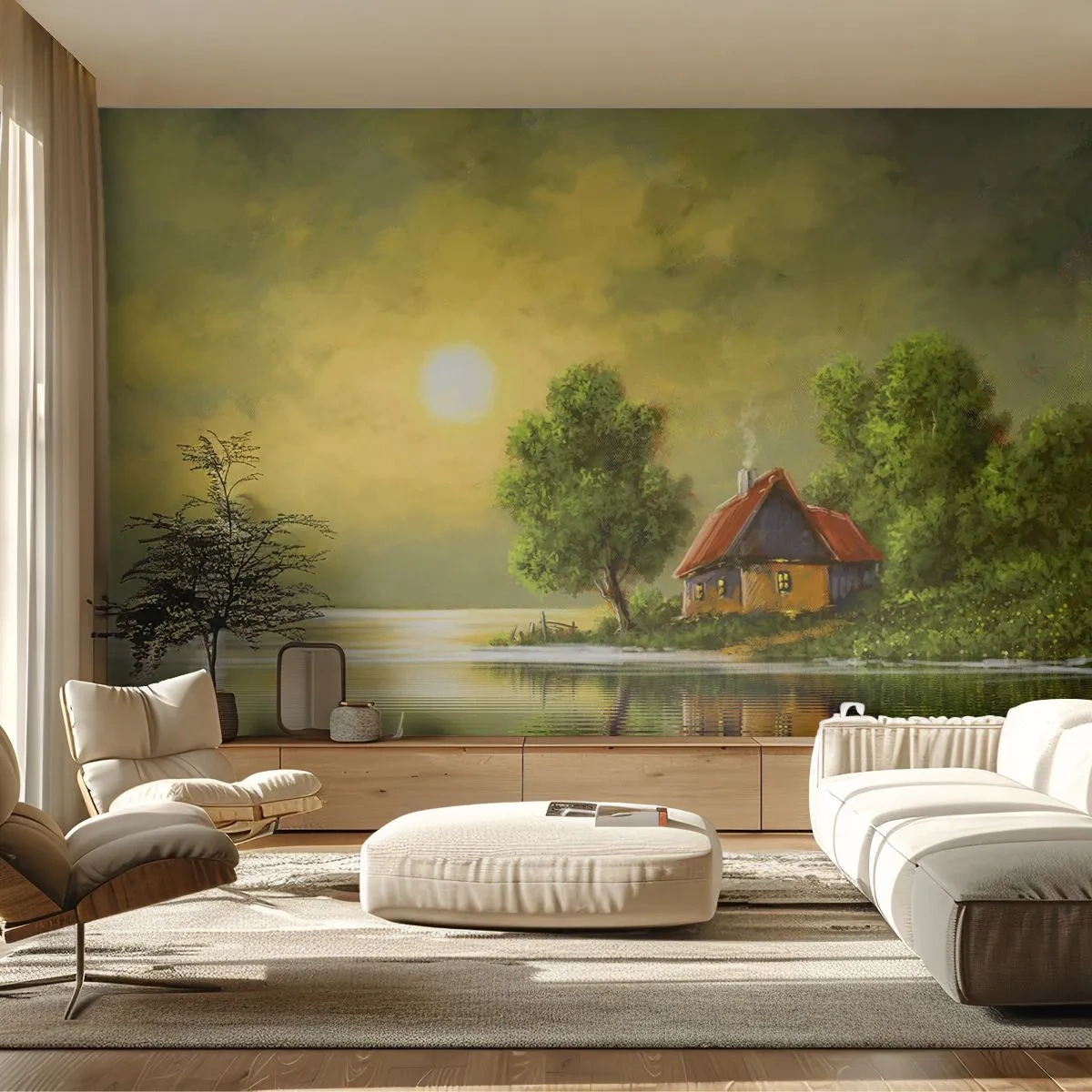 Fotobehang Premium Sand - Mooi, als een foto - Landschap, Landhuis, Zeilboot - 400x280 cm