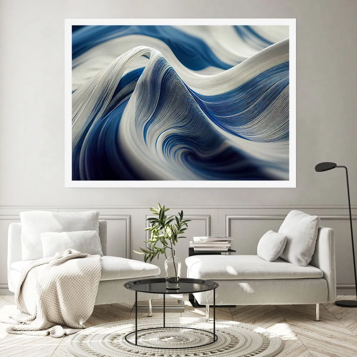 Poster - De vloeibaarheid van blauw en wit - 100x70 cm