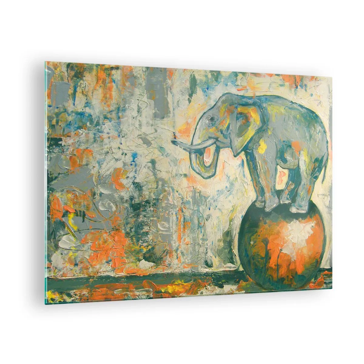 Schilderen op glas - Abstracte olifant balancerend op een bal - 70x50cm - Lang leve het circus! - Moderne wanddecoratie voor woonkamer en slaapkamer ARTTOR