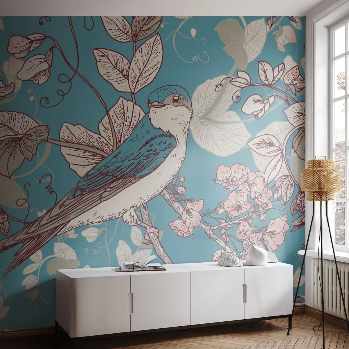 Fotobehang Standard Eco - In witte abeel met het zingen van de nachtegaal - Abstractie, Slikken, Vogel - 350x256 cm