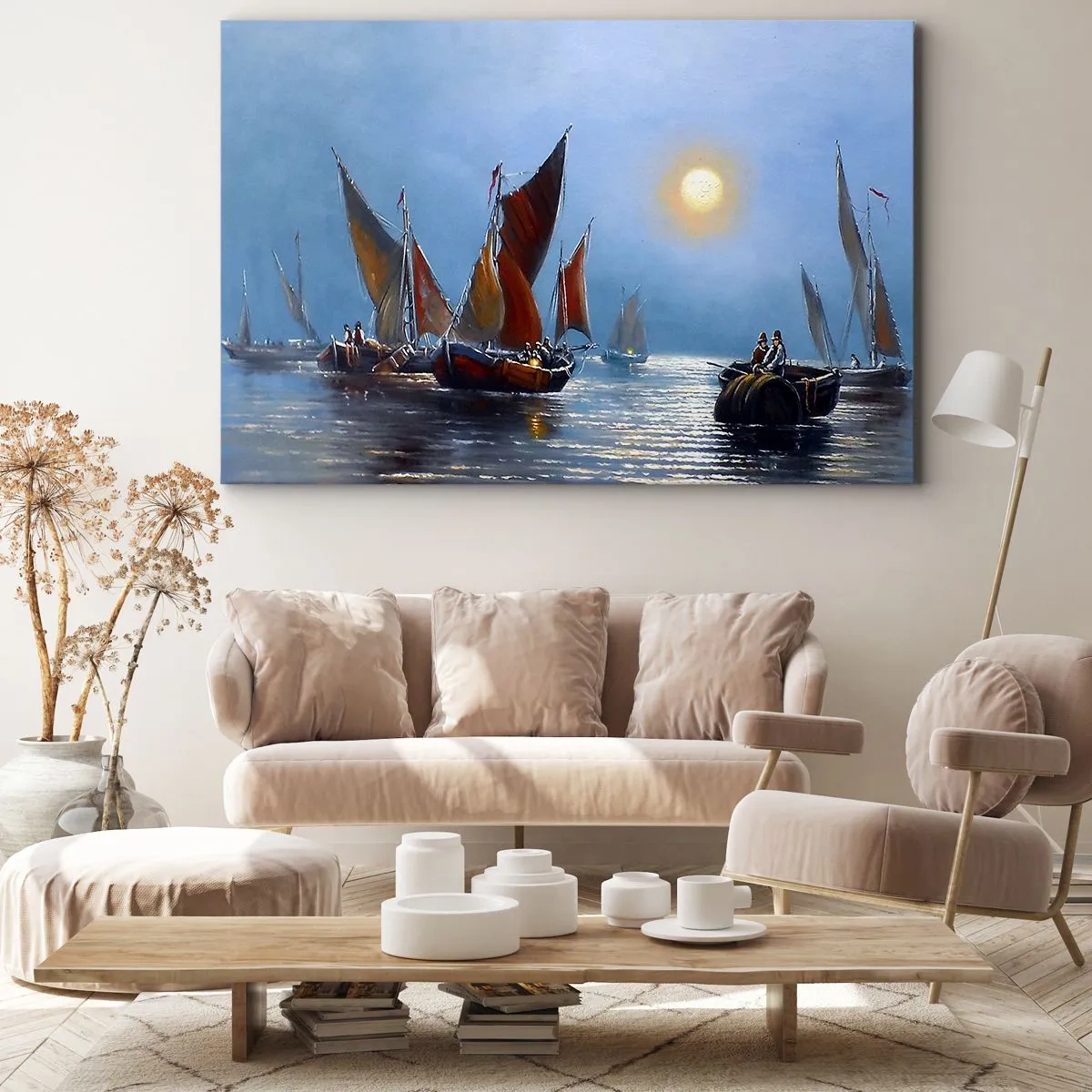 Schilderen op canvas - Boten met zeilen op kalm water bij zonsondergang - 70x50cm - Nachtvangst - Moderne wanddecoratie voor woonkamer en slaapkamer ARTTOR