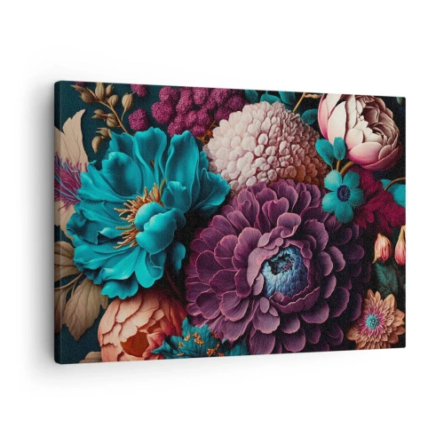 Schilderen op canvas - Een boeket bloemen in intense kleuren op een donkere achtergrond - 70x50cm - Natuur in overvloed - Moderne wanddecoratie voor woonkamer en slaapkamer ARTTOR