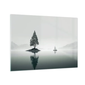 Schilderen op glas - Een eenzame boom op een eiland en een zeilboot op een kalm meer - 70x50cm - Droom - Moderne wanddecoratie voor woonkamer en slaapkamer ARTTOR